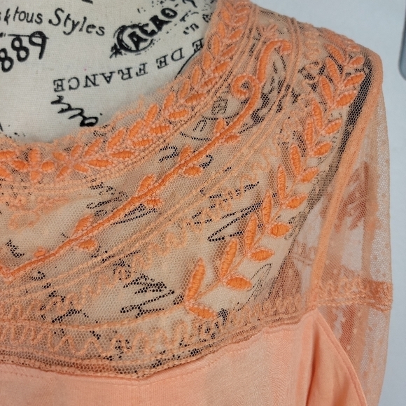 Free People Sz L Jojo Havana Top Long Sleeve Lace Pleats - Picture 3 of 11
